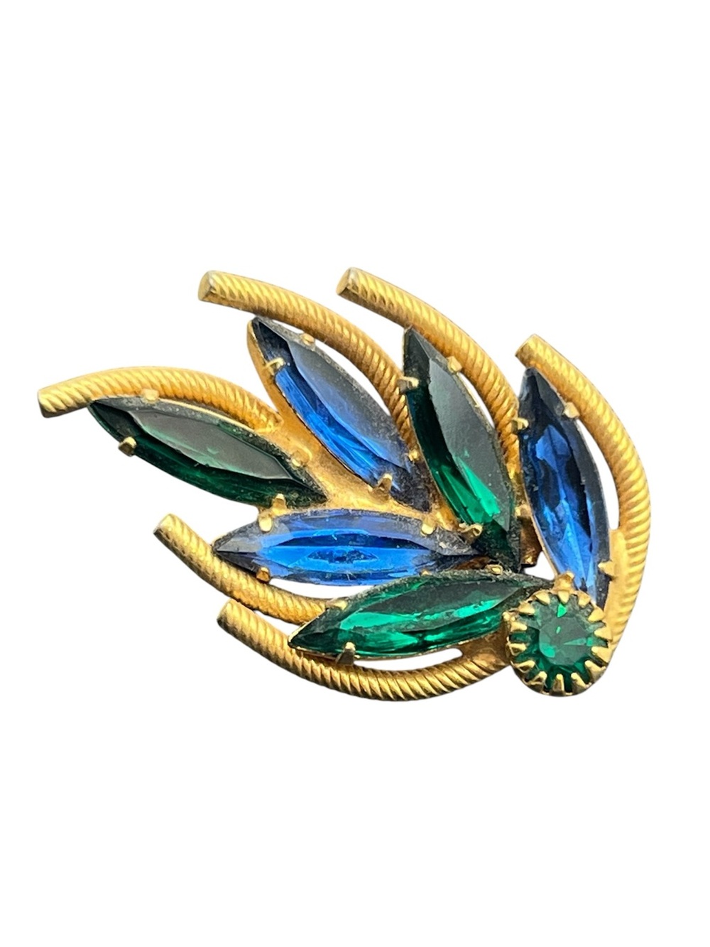 Blue & green navette rhinestone gold tone textured brooch pin vintage
